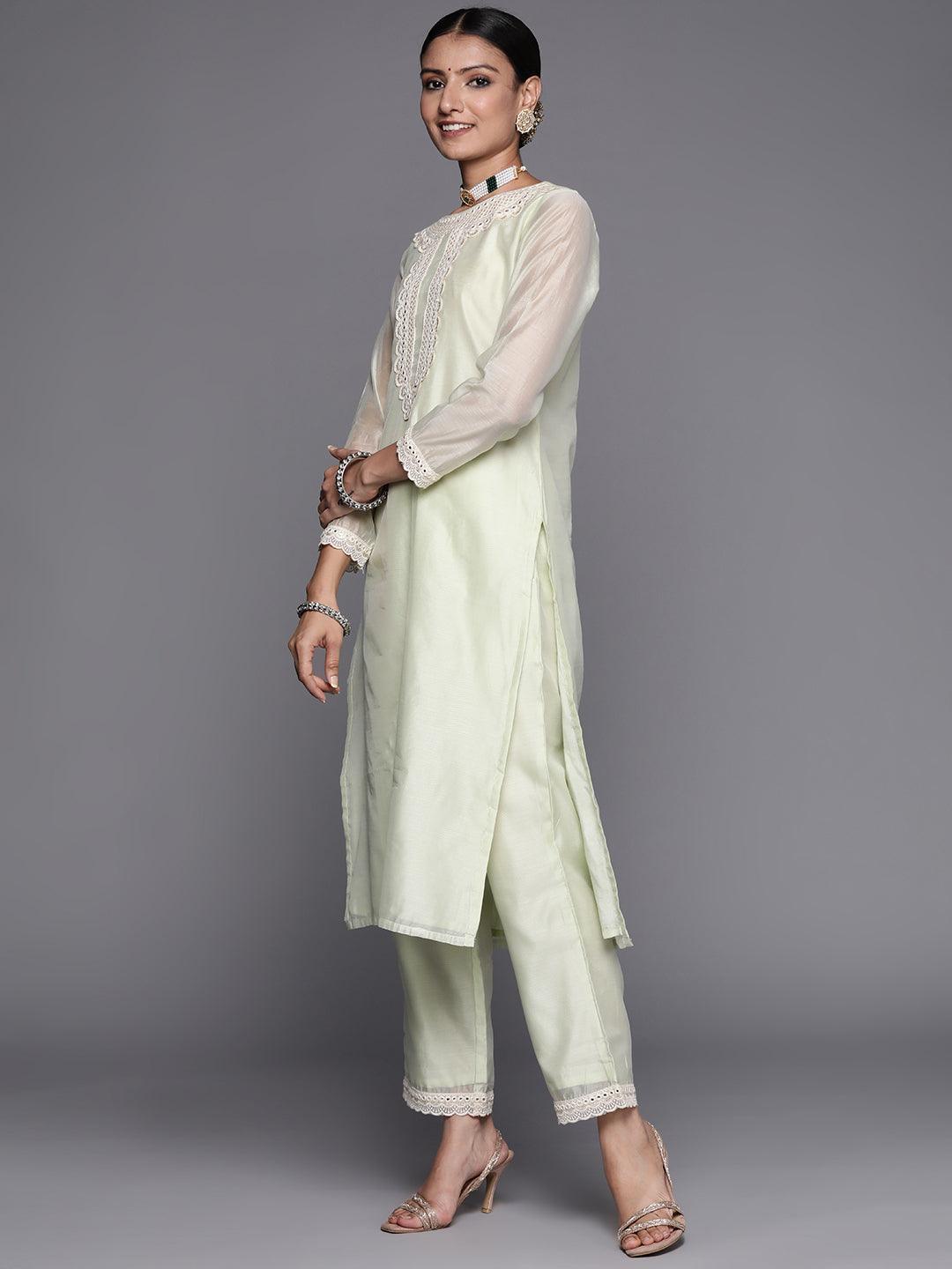 Green Yoke Design Chanderi Silk Straight Suit Set - ShopLibas 