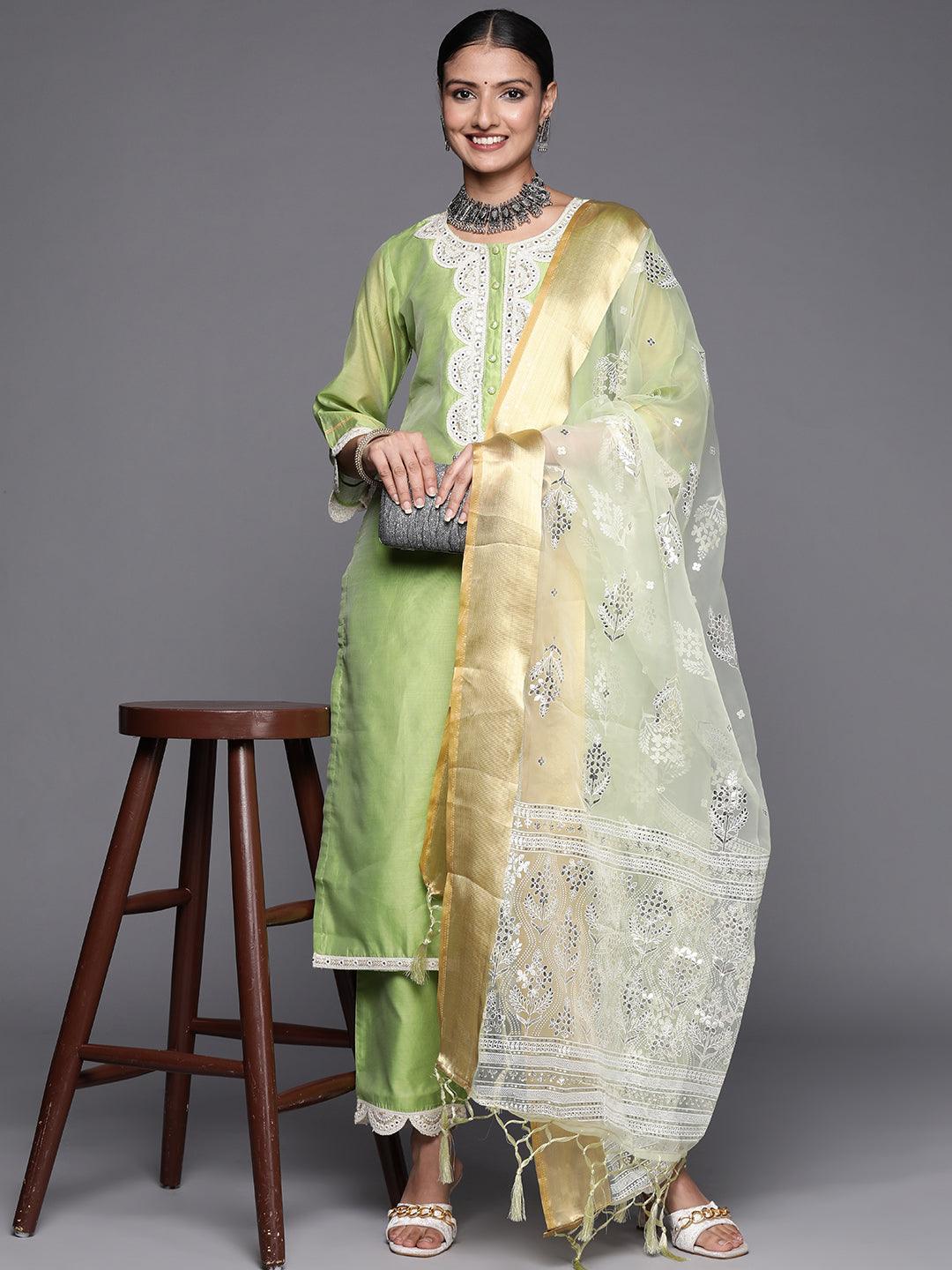 Green Yoke Design Chanderi Silk Straight Suit Set - ShopLibas 