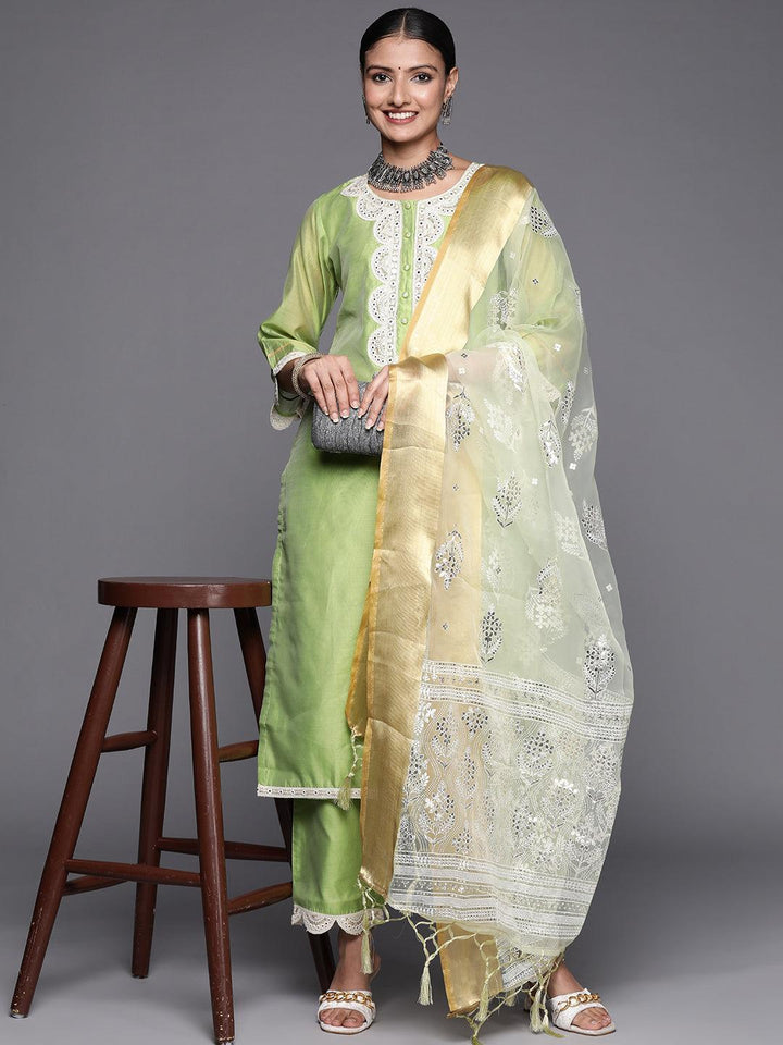 Green Yoke Design Chanderi Silk Straight Suit Set