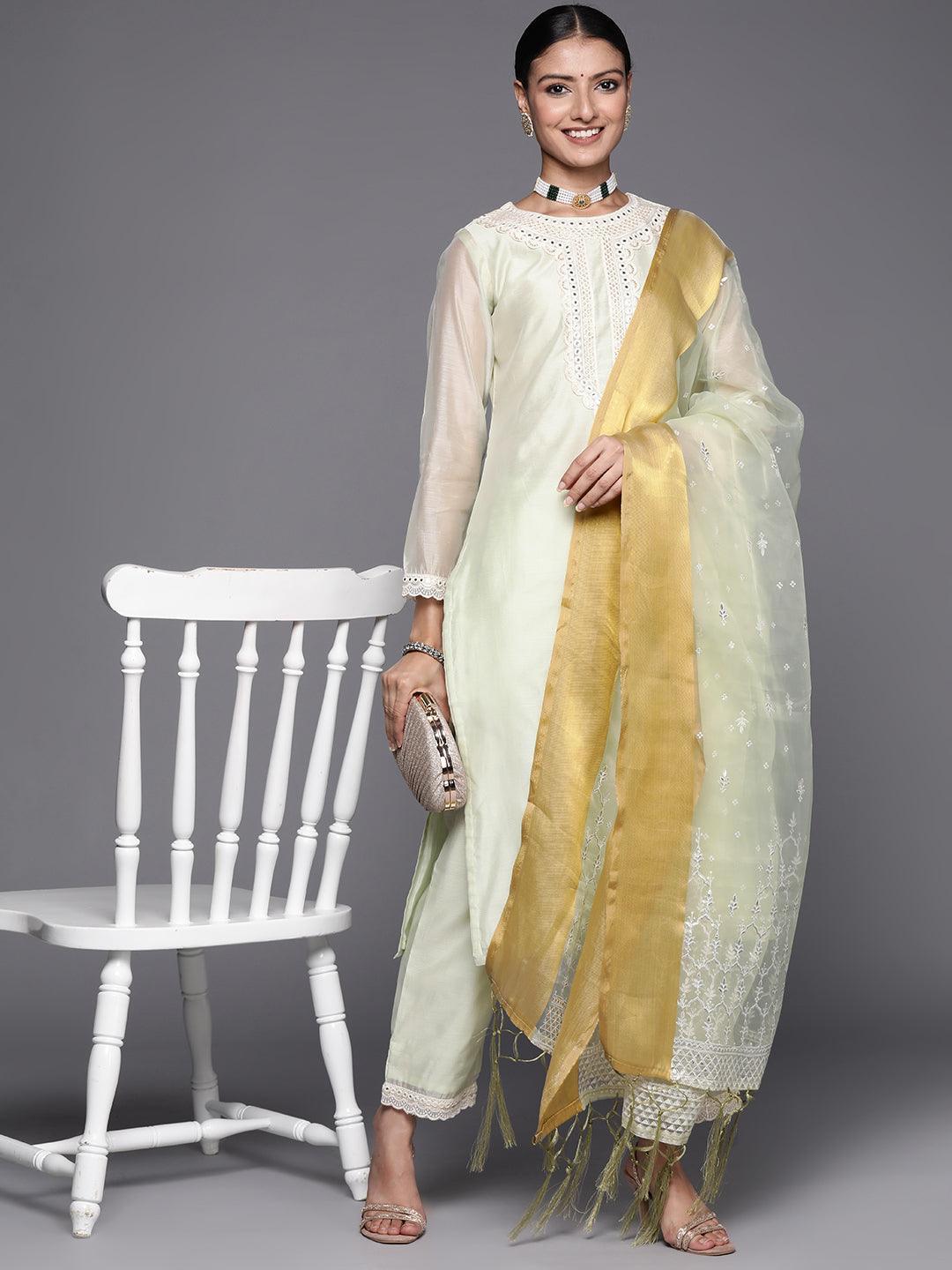 Green Yoke Design Chanderi Silk Straight Suit Set - ShopLibas 