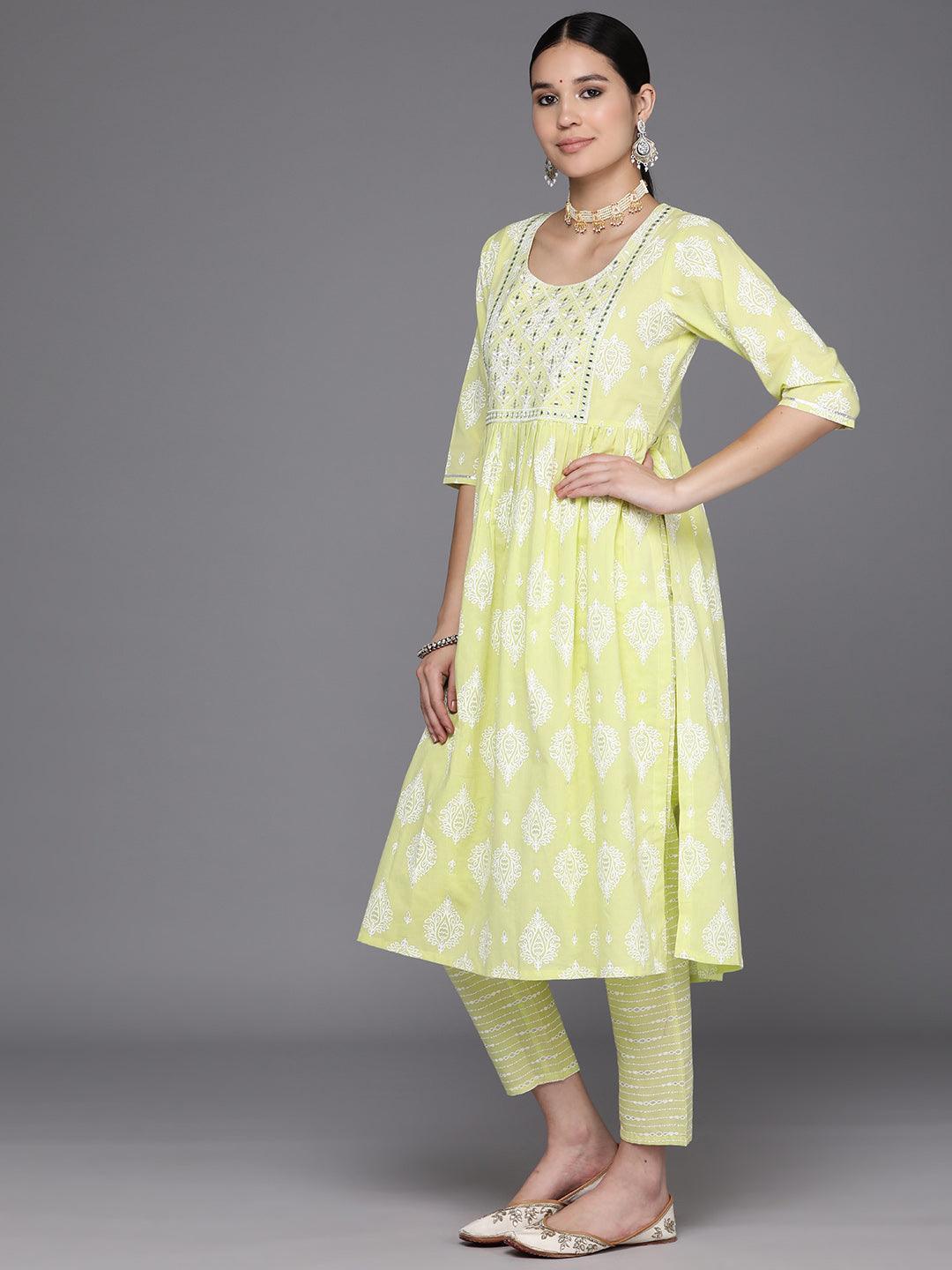 Green Yoke Design Cotton A-Line Suit Set With Trousers - Libas 