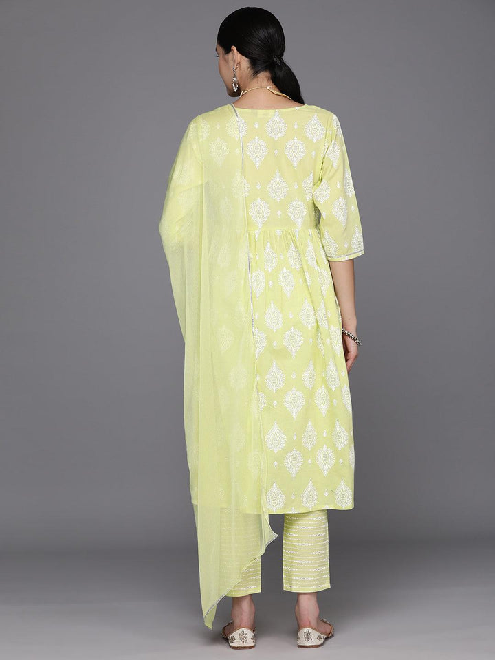 Green Yoke Design Cotton A-Line Kurta With Trousers & Dupatta