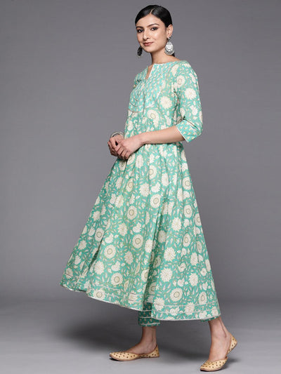 Green Yoke Design Cotton Anarkali Suit Set With Trousers - ShopLibas