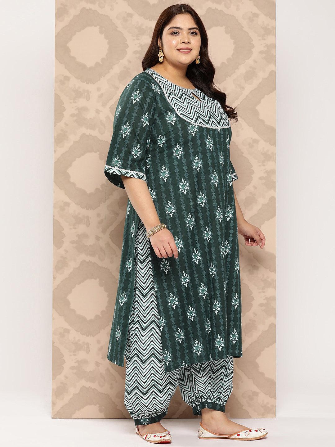 Green Yoke Design Cotton Straight Kurta With Salwar and Dupatta - Libas 