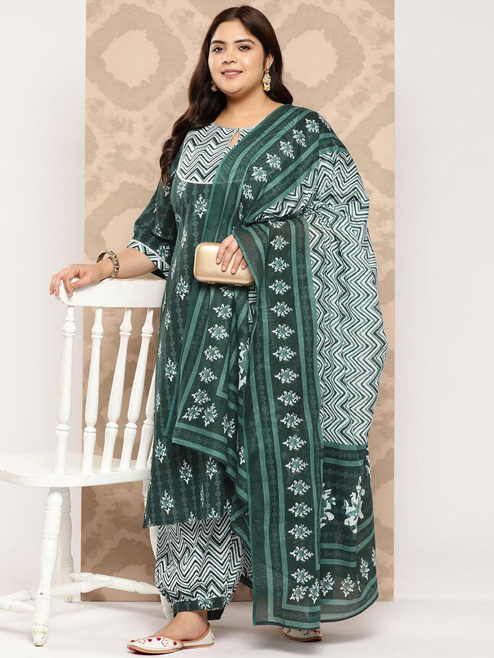 Green Yoke Design Cotton Straight Kurta With Salwar and Dupatta
