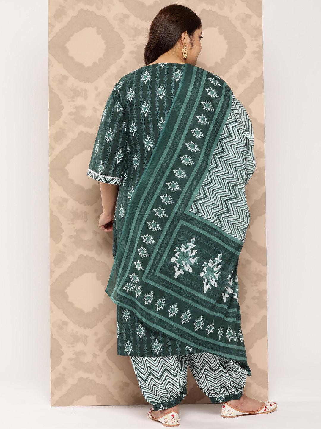 Green Yoke Design Cotton Straight Kurta With Salwar and Dupatta - Libas 