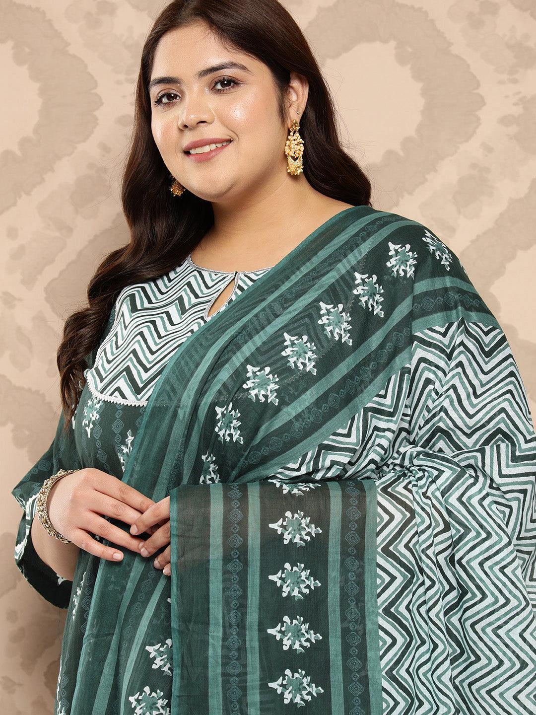 Green Yoke Design Cotton Straight Kurta With Salwar and Dupatta - Libas 