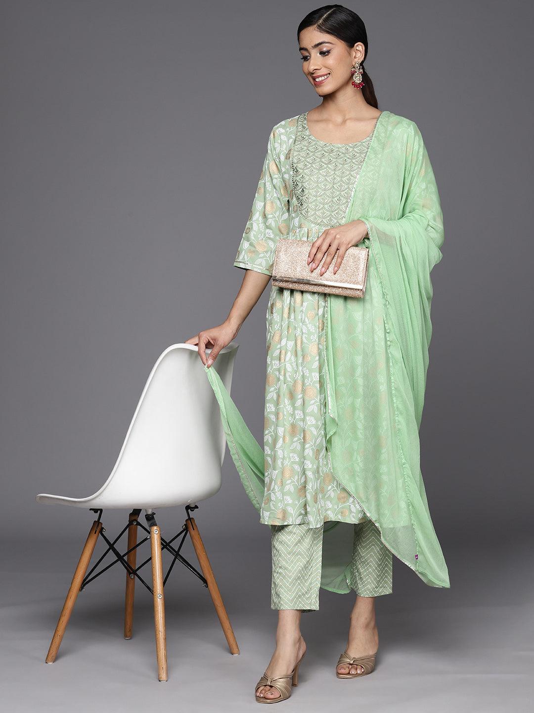 Green Yoke Design Rayon A-Line Suit Set With Trousers - ShopLibas 