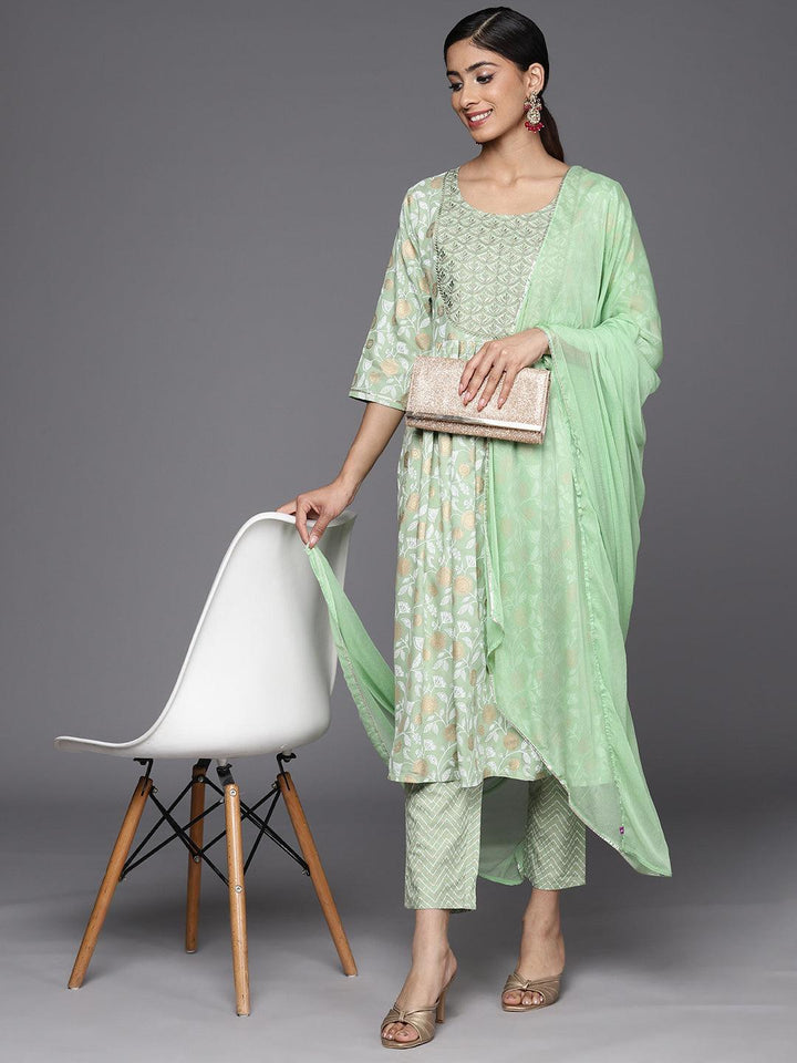Green Yoke Design Rayon A-Line Suit Set With Trousers
