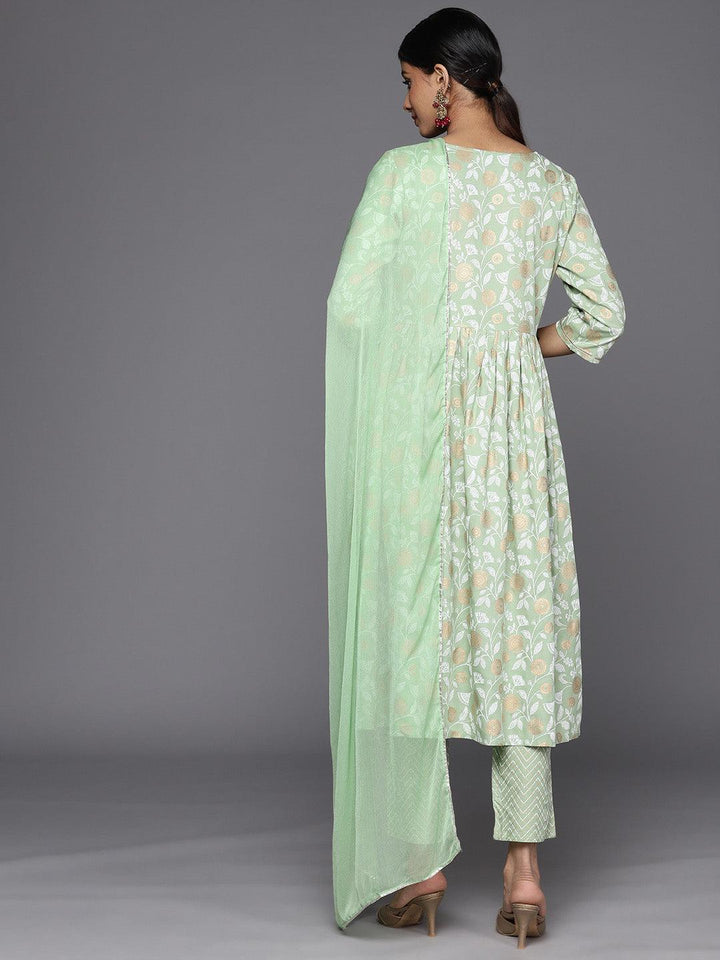 Green Yoke Design Rayon A-Line Suit Set With Trousers