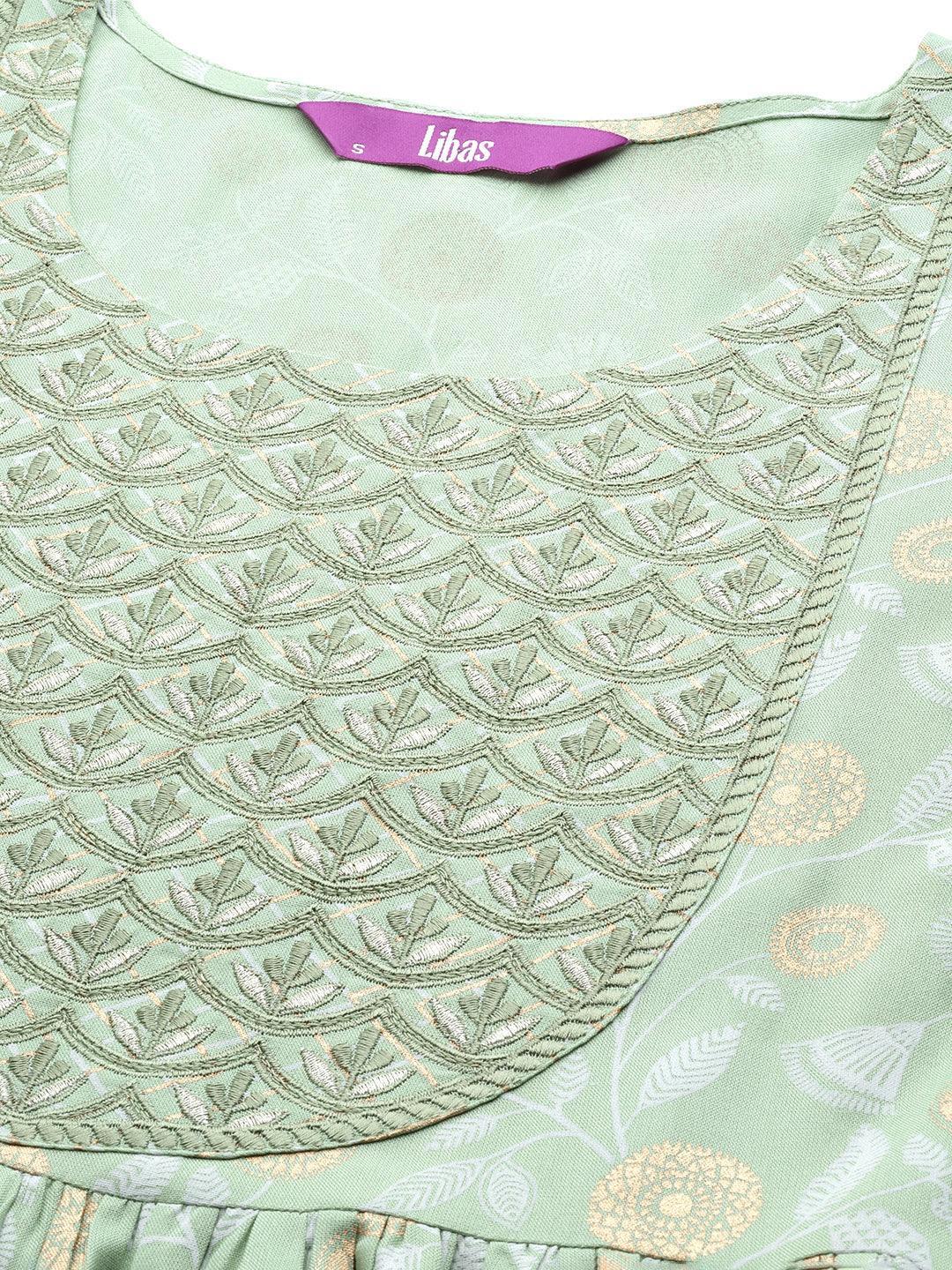 Green Yoke Design Rayon A-Line Suit Set With Trousers - ShopLibas 