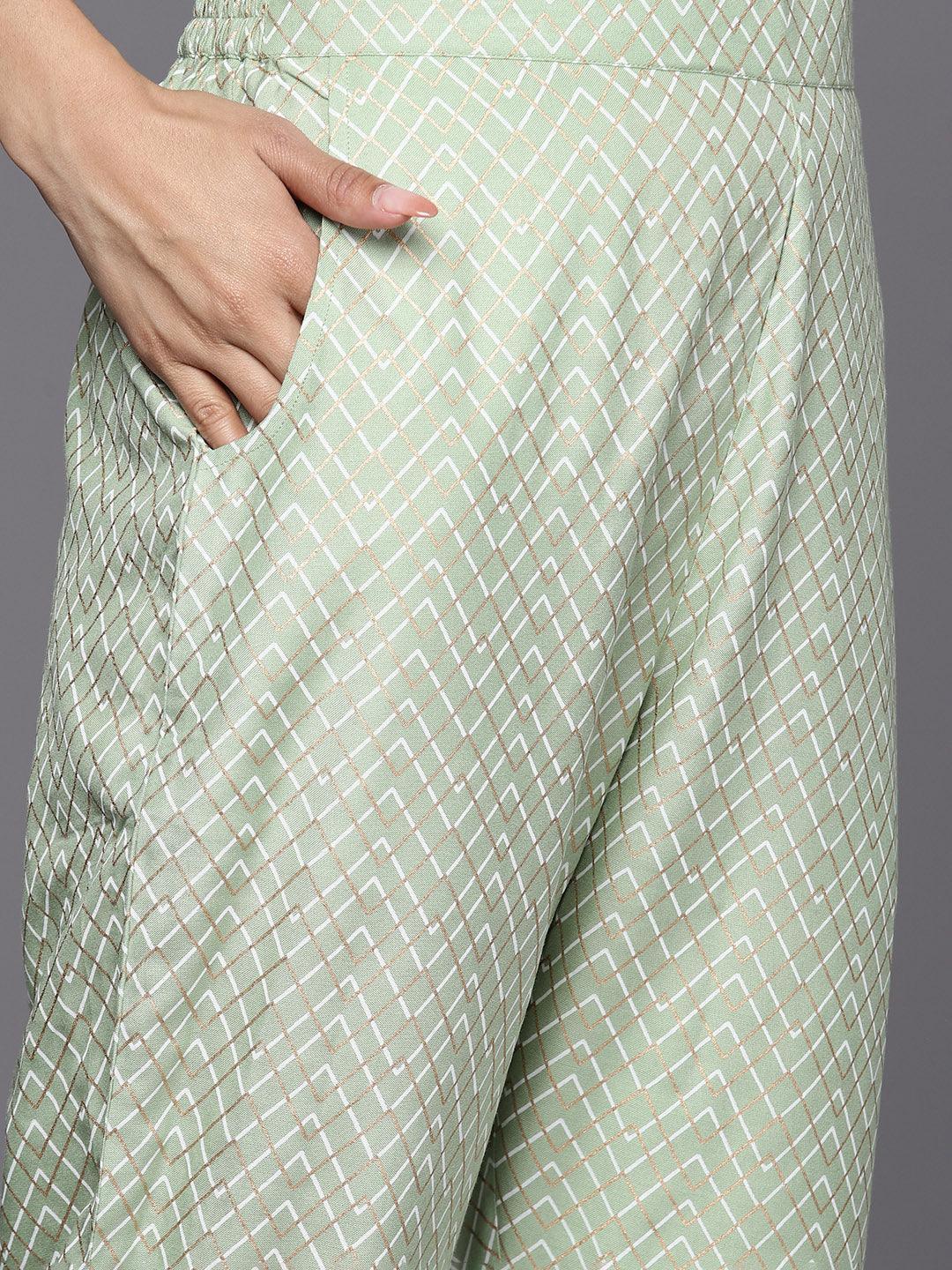 Green Yoke Design Rayon A-Line Suit Set With Trousers - ShopLibas 