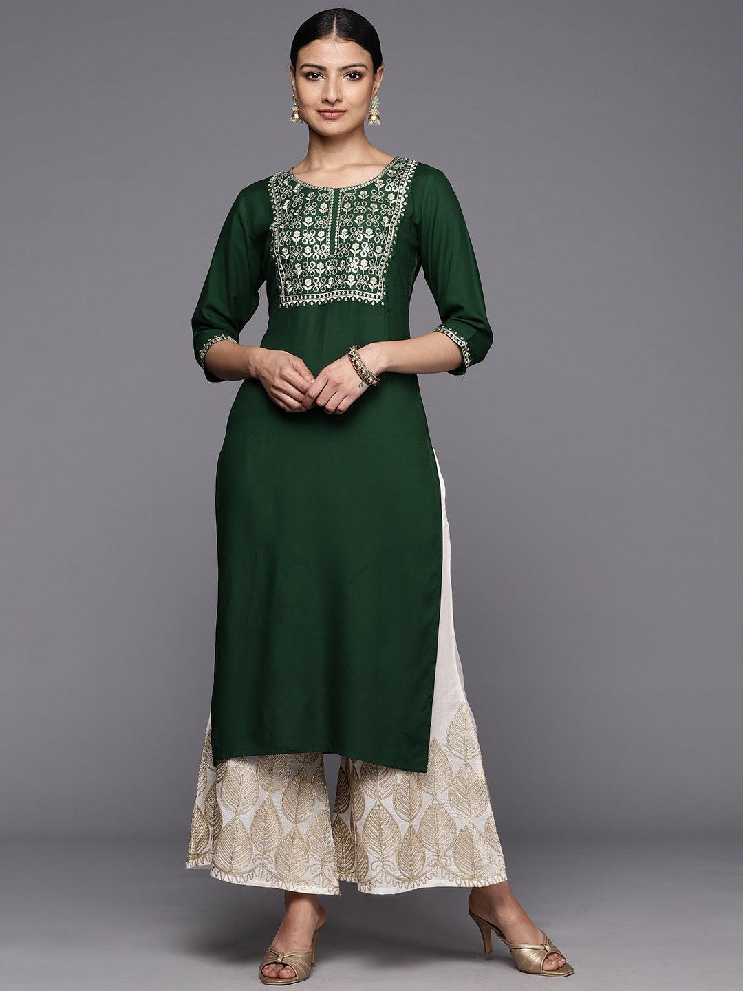 Green Printed Rayon Straight Kurta - ShopLibas