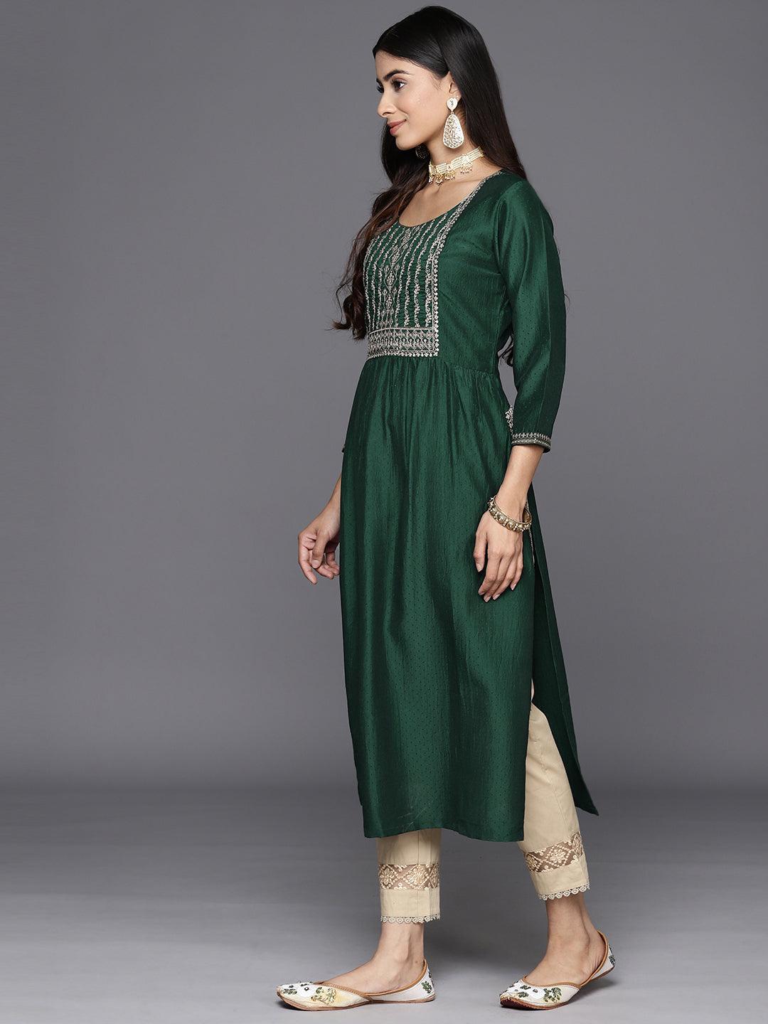 Green Yoke Design Silk A-Line Kurta - Libas 