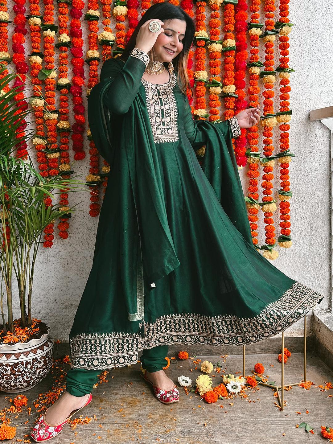 Green Yoke Design Silk Blend Anarkali Suit Set - ShopLibas