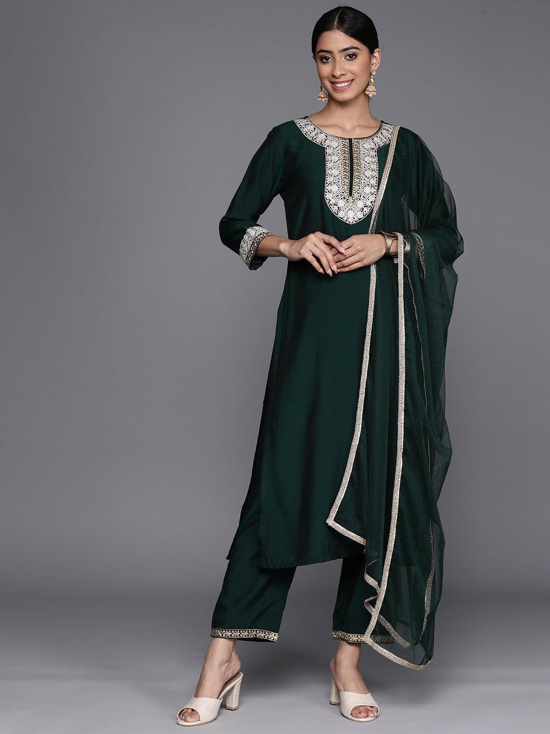Green Embroidered Silk Blend Suit Set With Trousers - Libas 