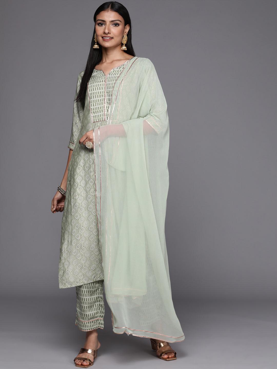 Green Yoke Design Silk Blend Straight Suit Set - ShopLibas