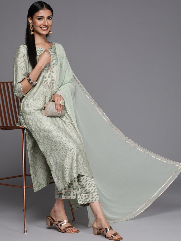 Green Yoke Design Silk Blend Straight Suit Set - ShopLibas
