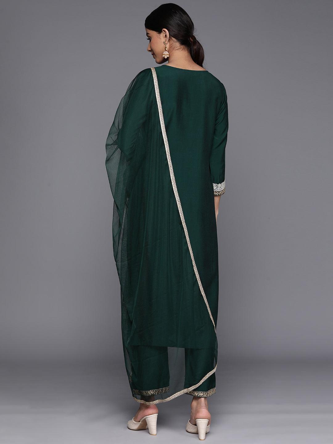 Green Embroidered Silk Blend Suit Set With Trousers - Libas 