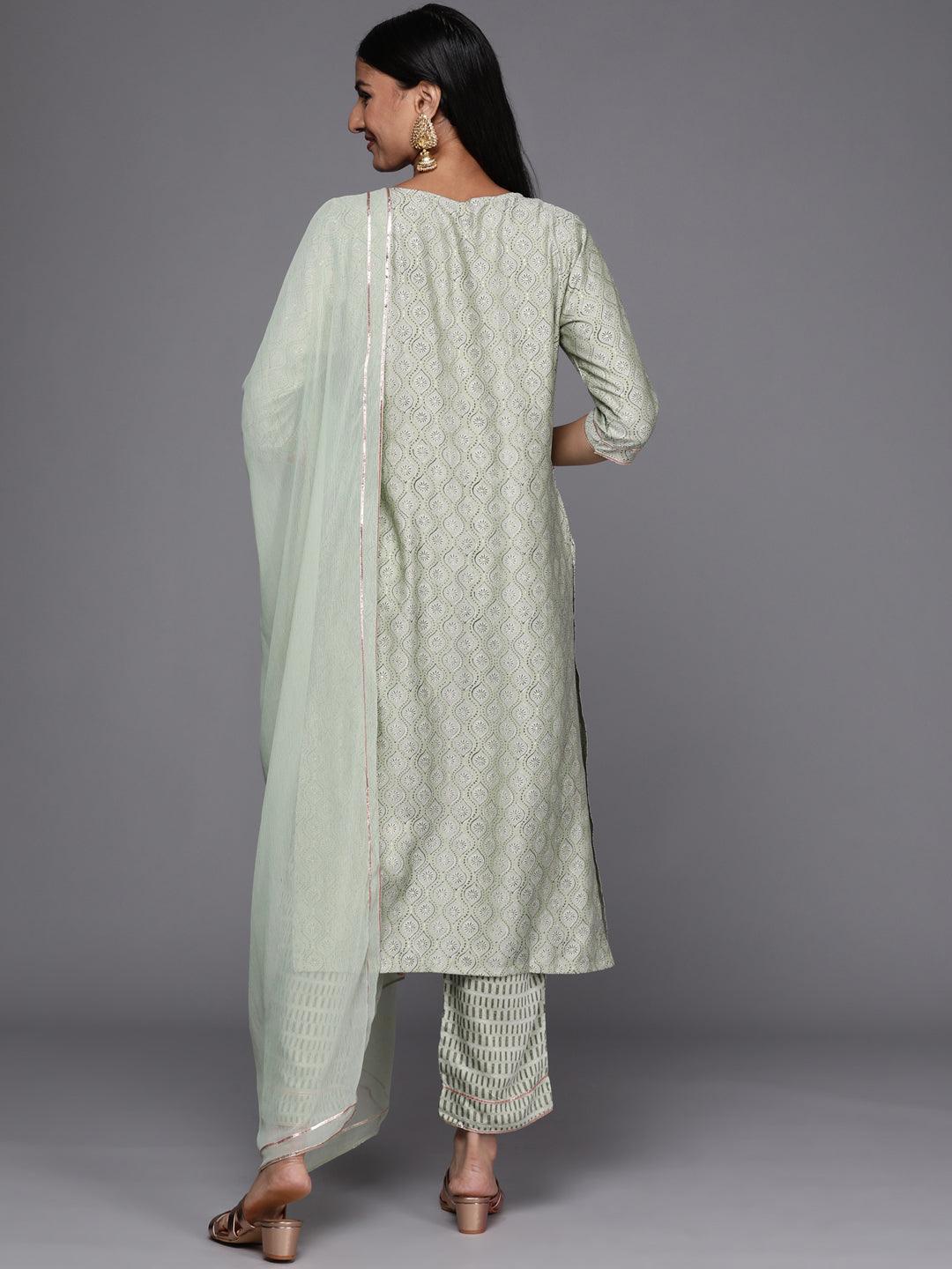 Green Yoke Design Silk Blend Straight Suit Set - ShopLibas