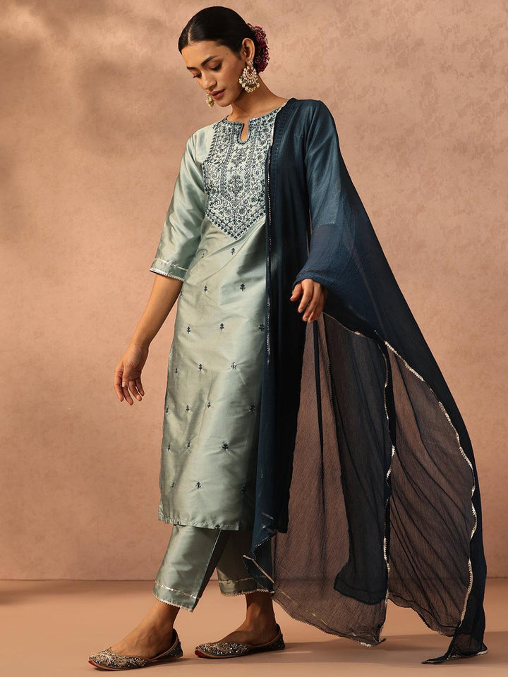 Green Yoke Design Silk Blend Suit Set With Trousers