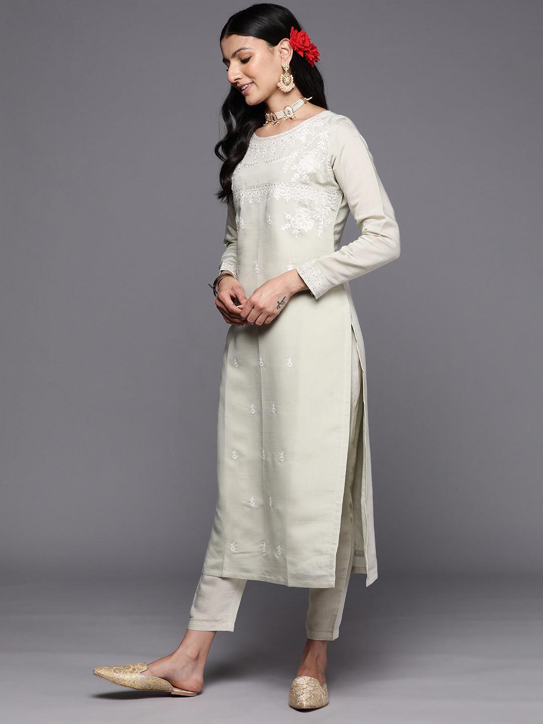 Green Yoke Design Silk Blend Straight Suit Set With Trousers - ShopLibas 