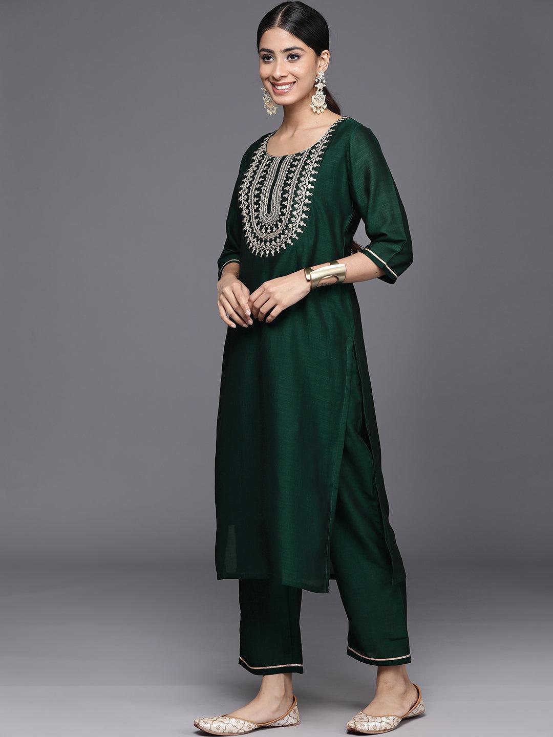 Green Yoke Design Silk Blend Straight Kurta With Trousers & Dupatta - Libas 