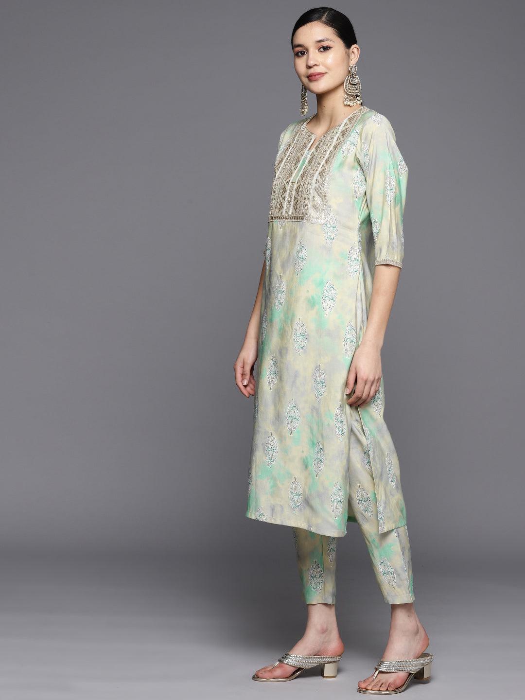 Green Yoke Design Silk Blend Straight Suit Set With Trousers - ShopLibas 