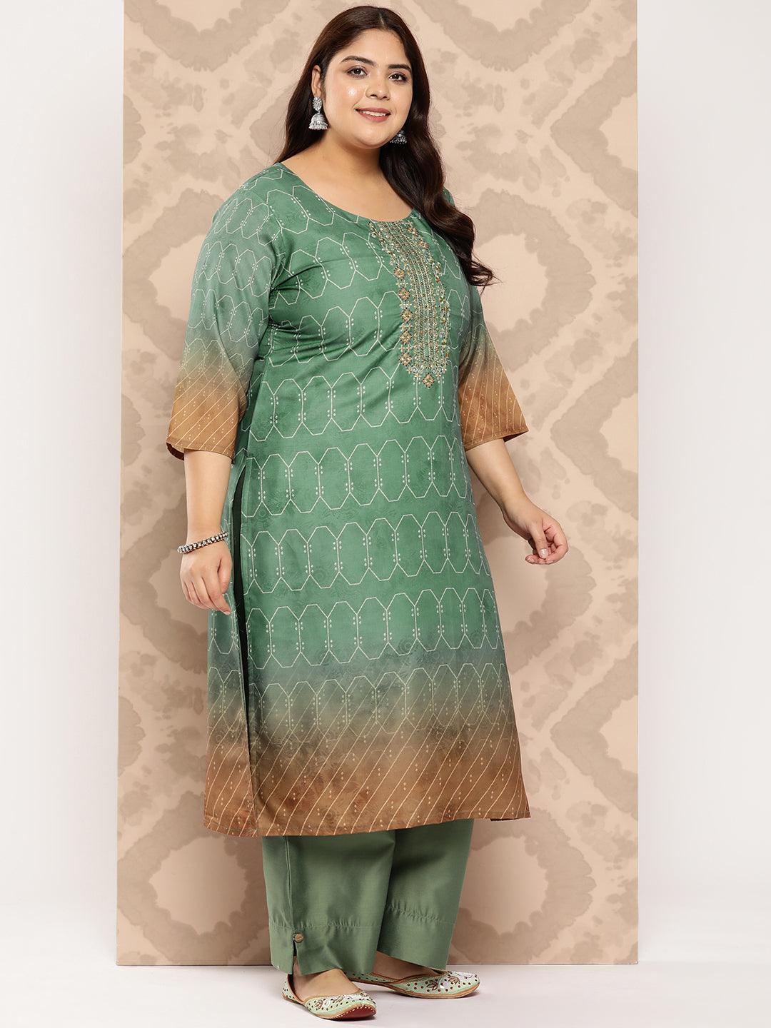 Green Yoke Design Silk Blend Straight Kurta With Trousers and Dupatta - Libas 