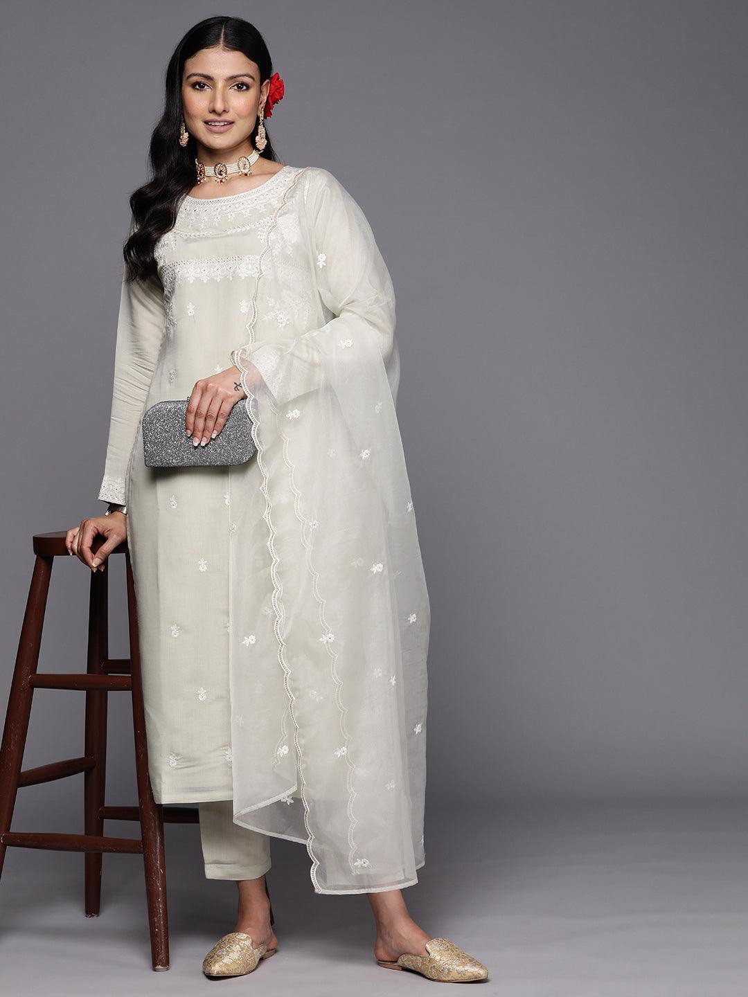 Green Yoke Design Silk Blend Straight Suit Set With Trousers - ShopLibas 