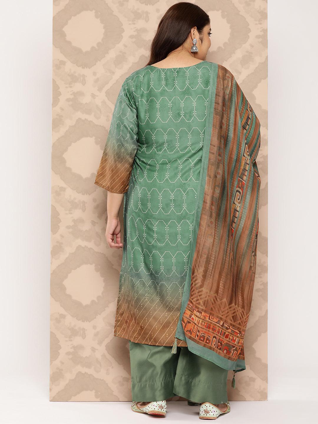 Green Yoke Design Silk Blend Straight Kurta With Trousers and Dupatta - Libas 