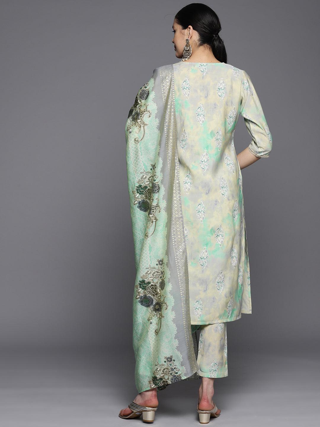 Green Yoke Design Silk Blend Straight Suit Set With Trousers - ShopLibas 