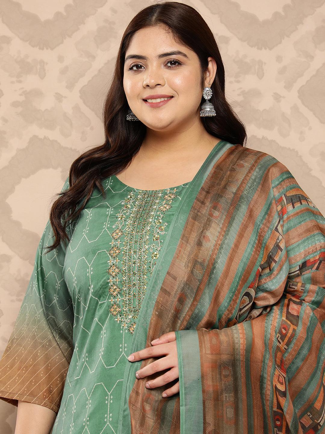 Green Yoke Design Silk Blend Straight Kurta With Trousers and Dupatta - Libas 