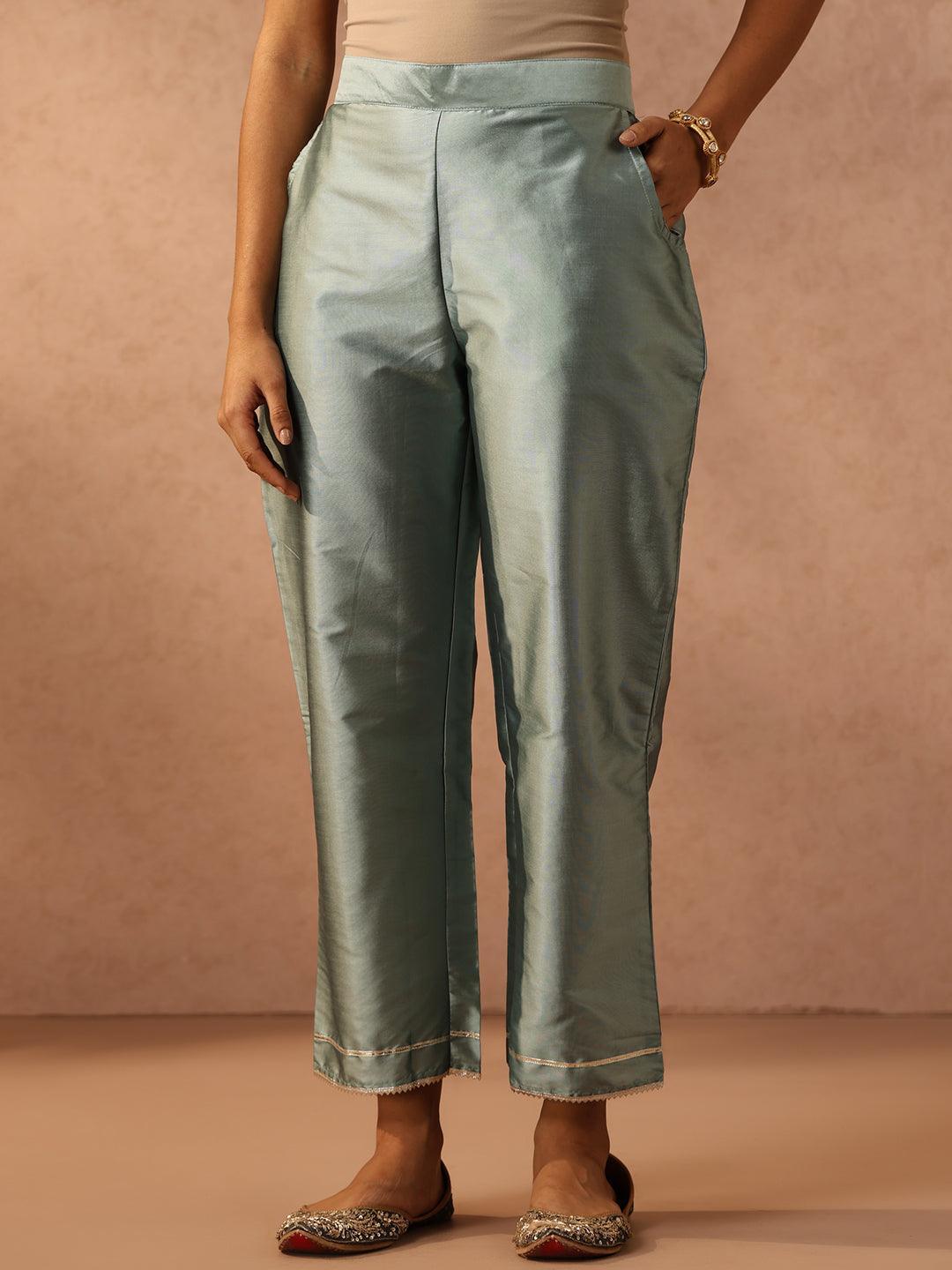 Green Yoke Design Silk Blend Suit Set With Trousers - ShopLibas 