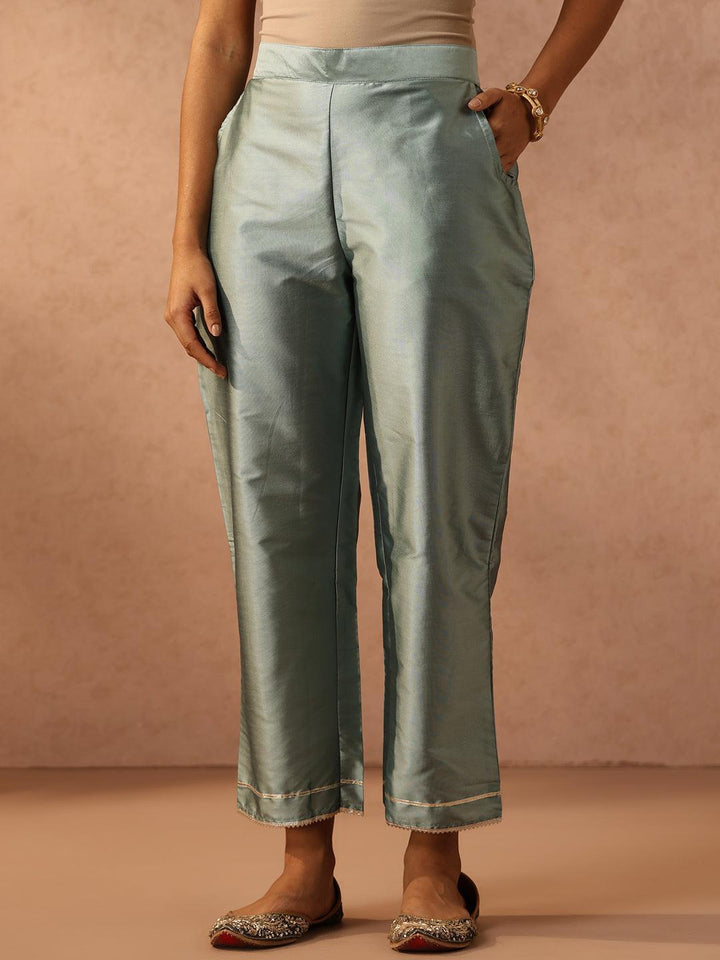 Green Yoke Design Silk Blend Suit Set With Trousers