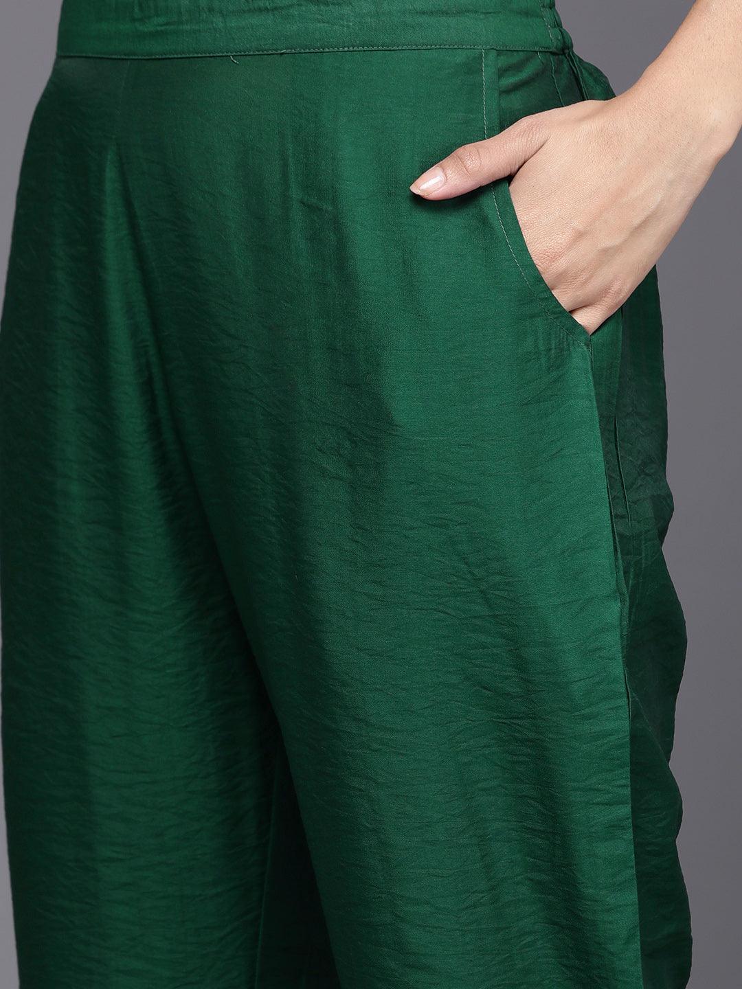 Green Yoke Design Silk Blend Straight Kurta With Trousers & Dupatta - Libas 