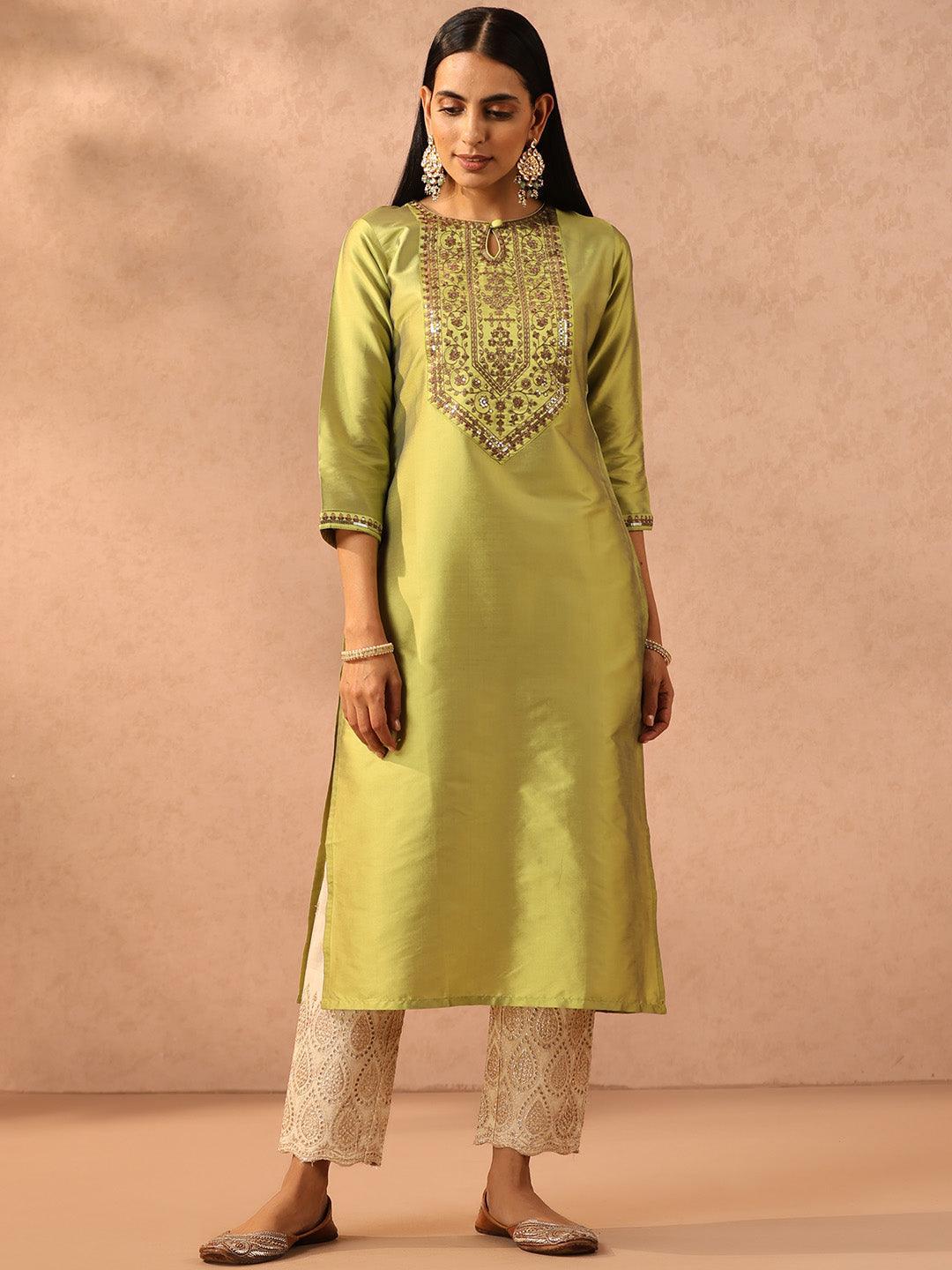 Green Yoke Design Silk Straight Kurta - ShopLibas