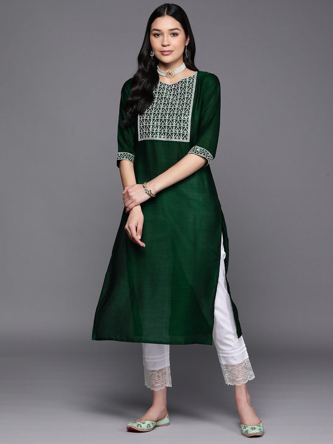 Green Yoke Design Silk Straight Kurta - ShopLibas