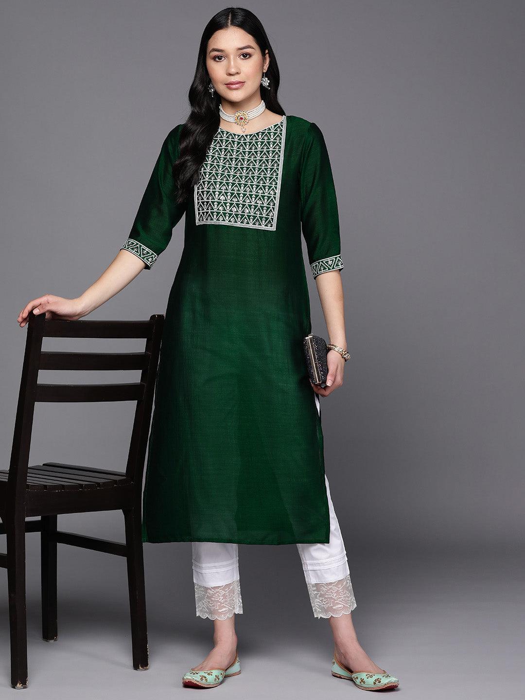 Green Yoke Design Silk Straight Kurta - ShopLibas 