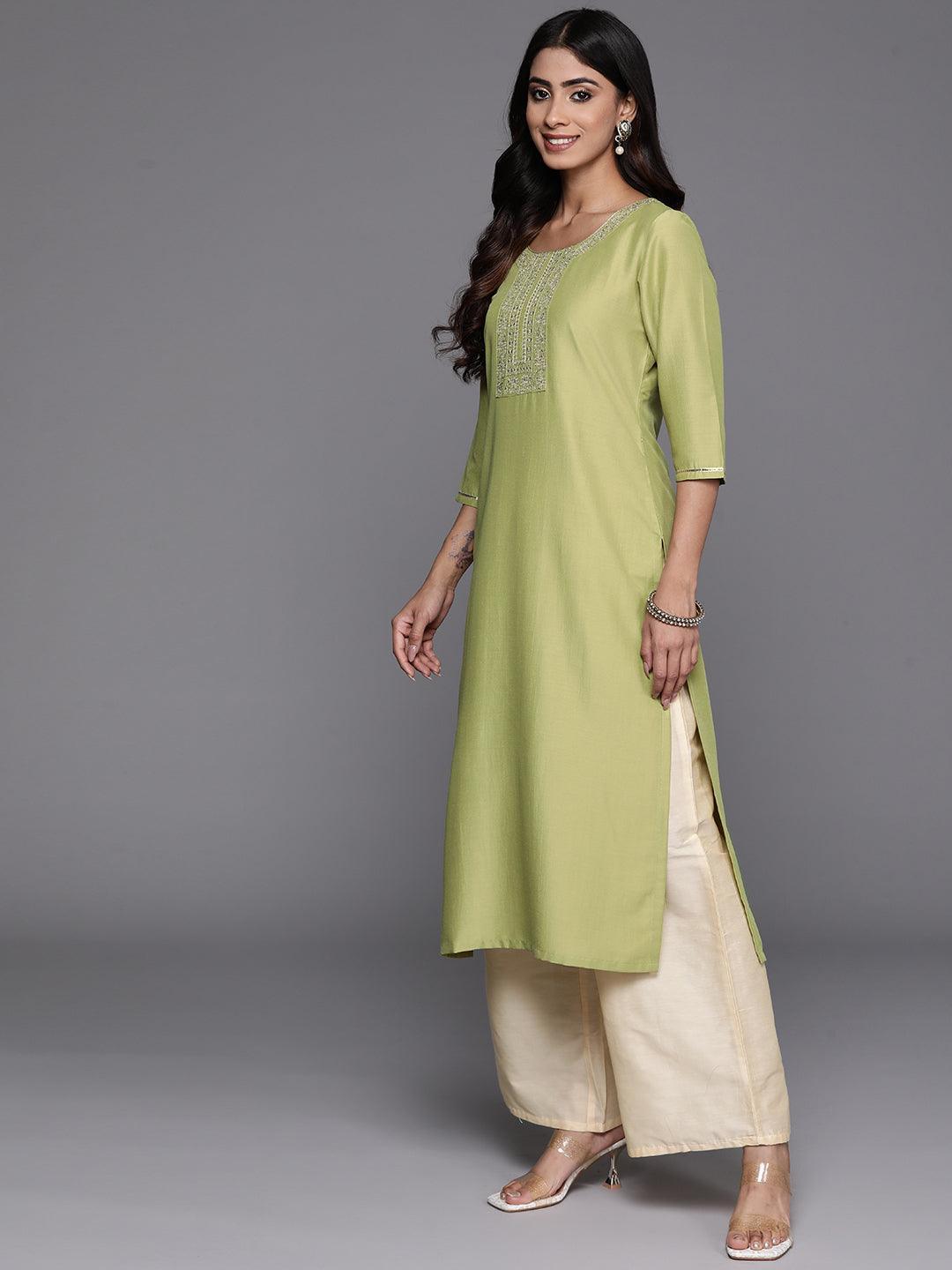 Green Yoke Design Silk Straight Kurta - Libas 