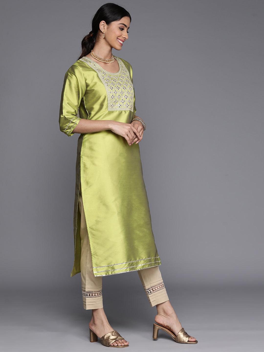 Green Yoke Design Silk Straight Kurta - Libas 