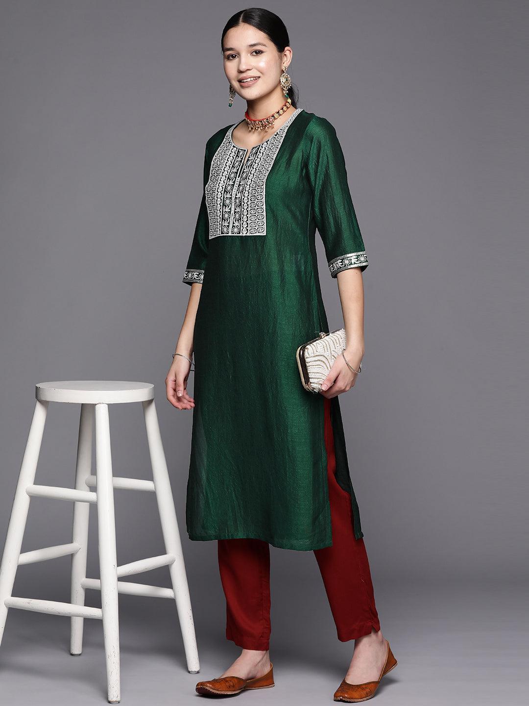 Green Yoke Design Silk Straight Kurta - ShopLibas 