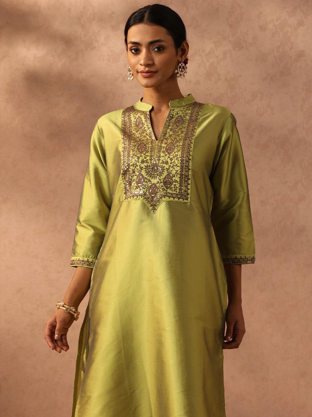 Green Yoke Design Silk Straight Kurta - ShopLibas 