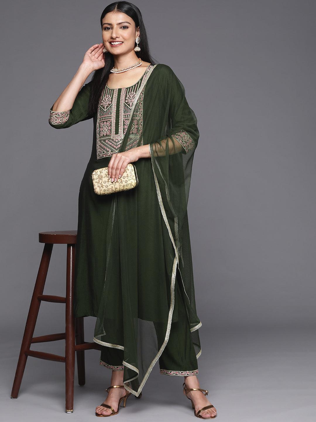 Green Yoke Design Silk Design Suit Set With Trousers - ShopLibas 