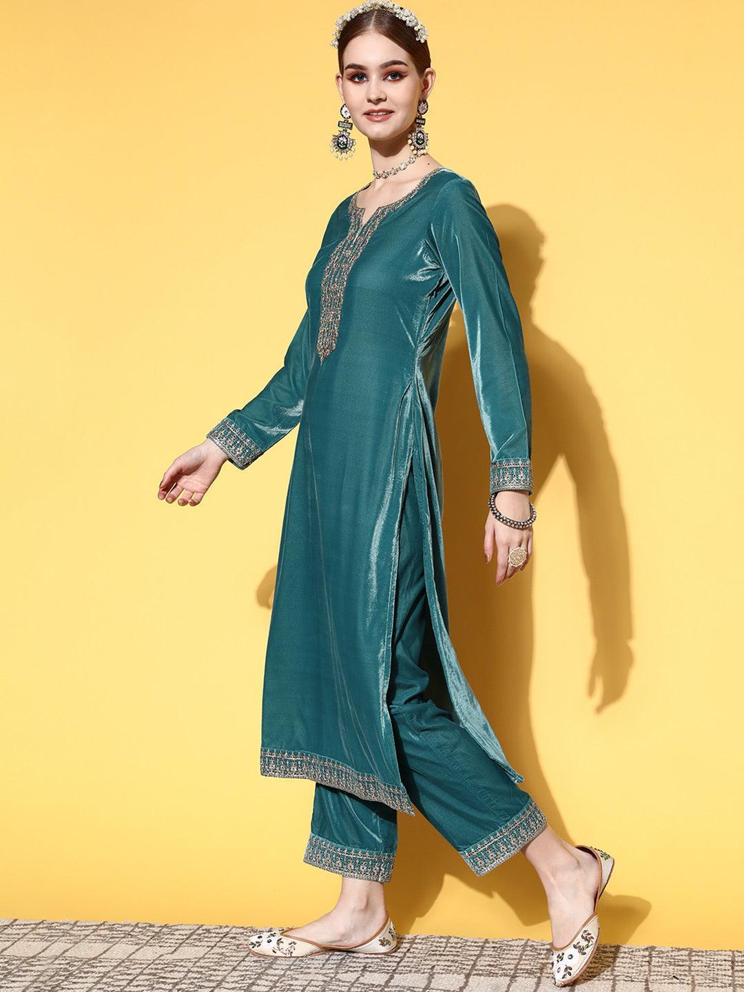 Green Yoke Design Velvet Straight Suit Set - ShopLibas 