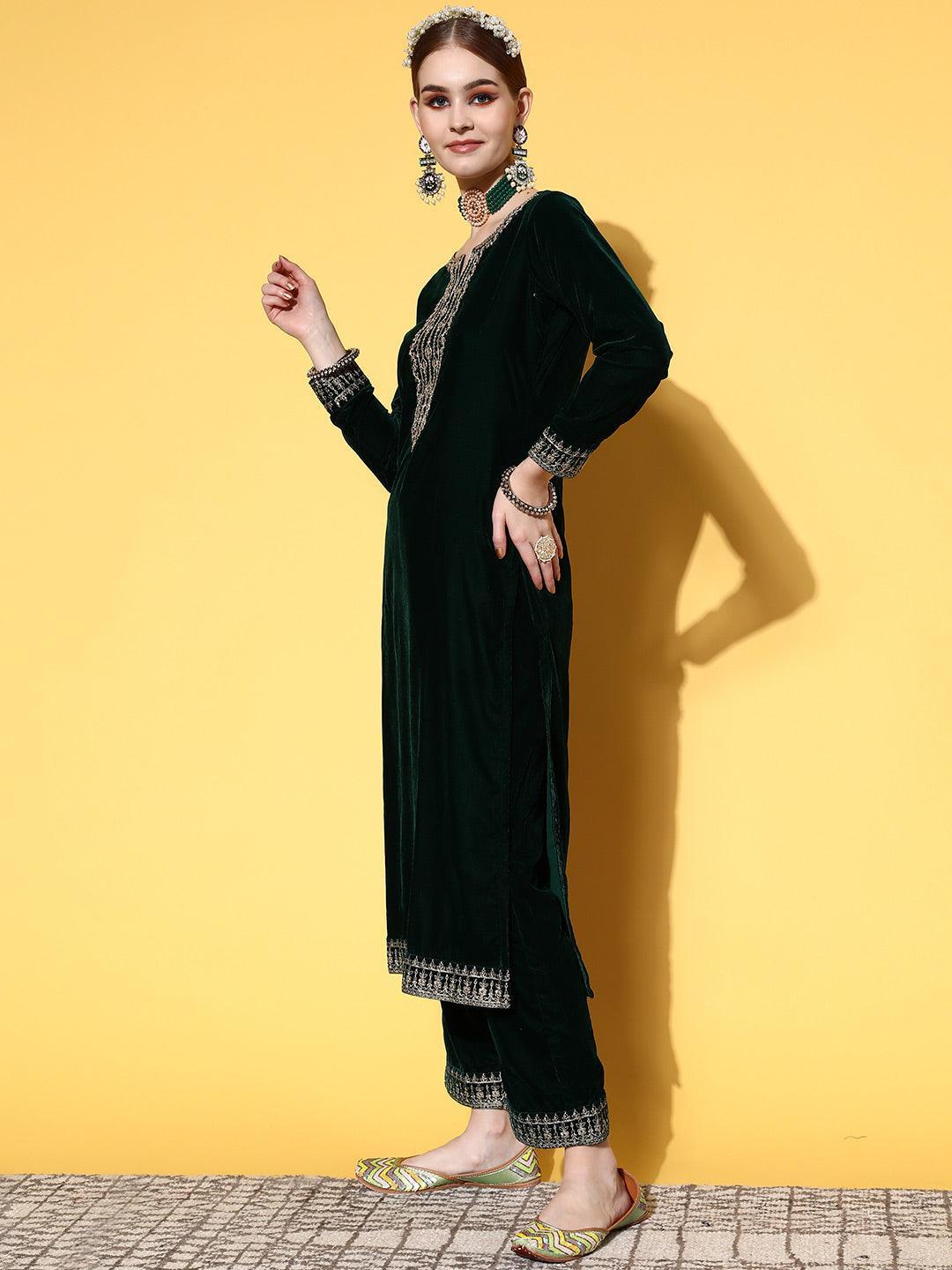 Green Yoke Design Velvet Straight Suit Set - ShopLibas 