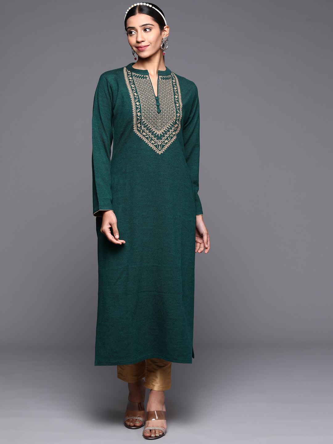 Green Yoke Design Wool Straight Kurta - ShopLibas