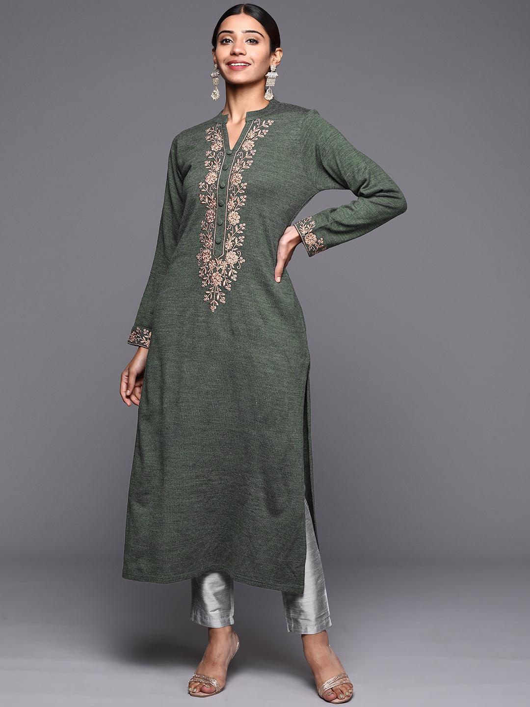 Green Yoke Design Wool Straight Kurta - ShopLibas