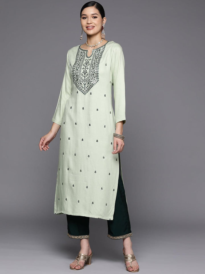 Green Yoke Design Wool Straight Kurta - Libas