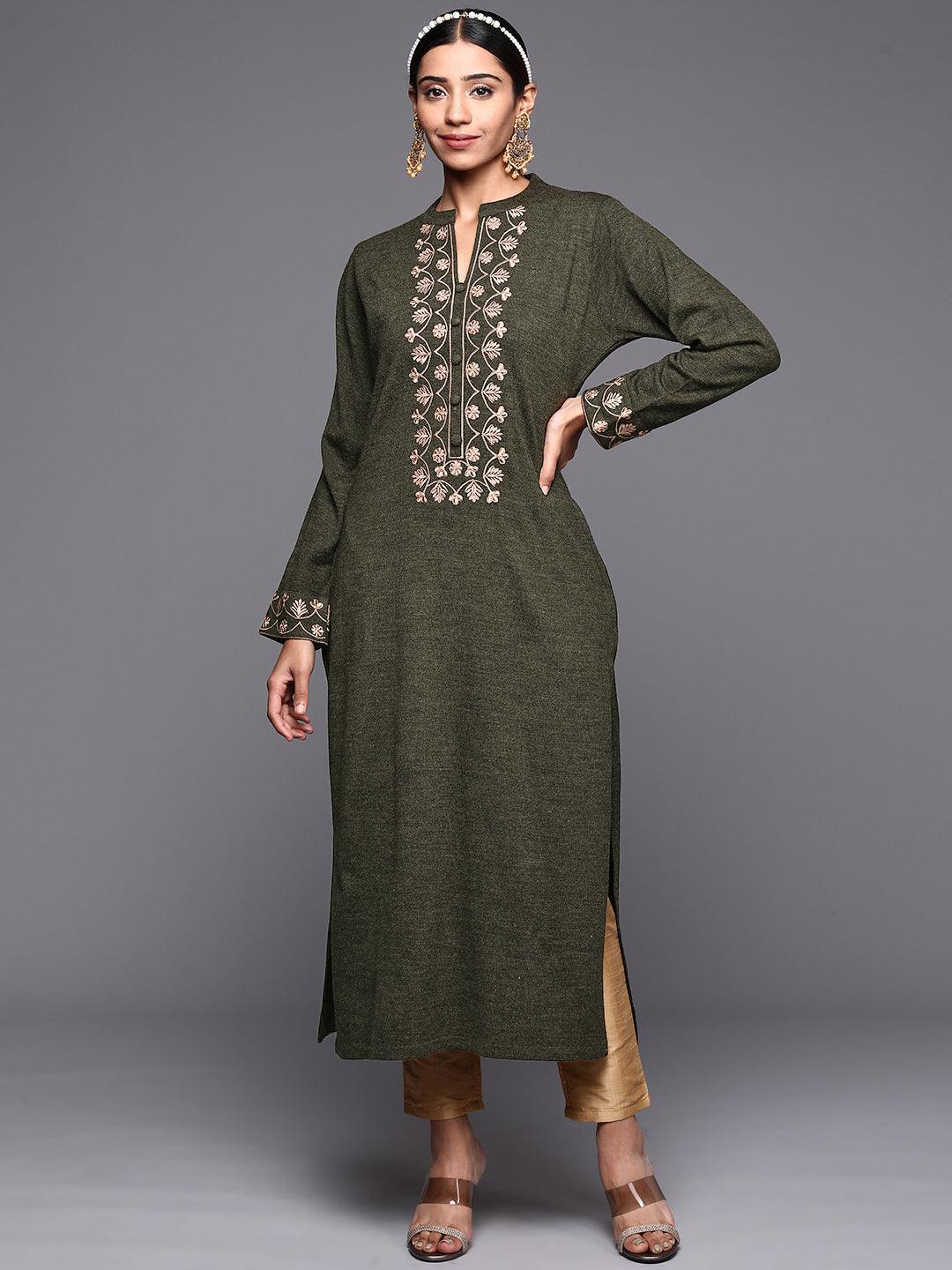 Green Yoke Design Wool Straight Kurta - ShopLibas